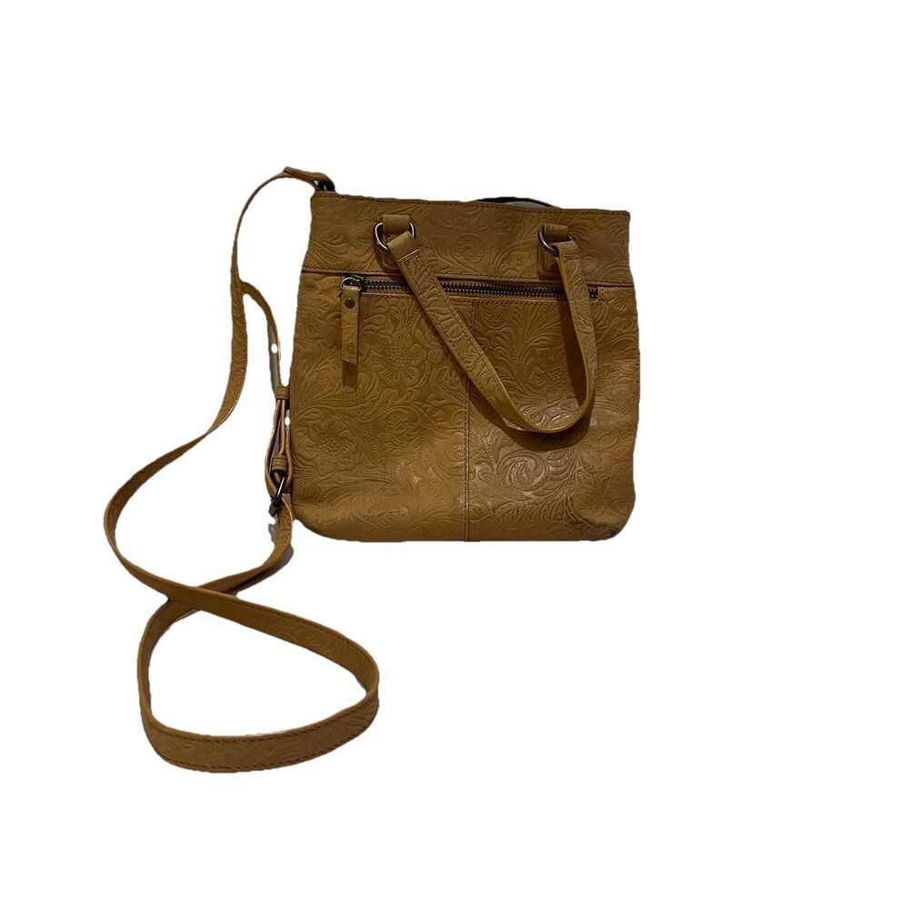 Steven By Steve Madden Embossed Floral Tan Leather Crossbody Bag Western Boho